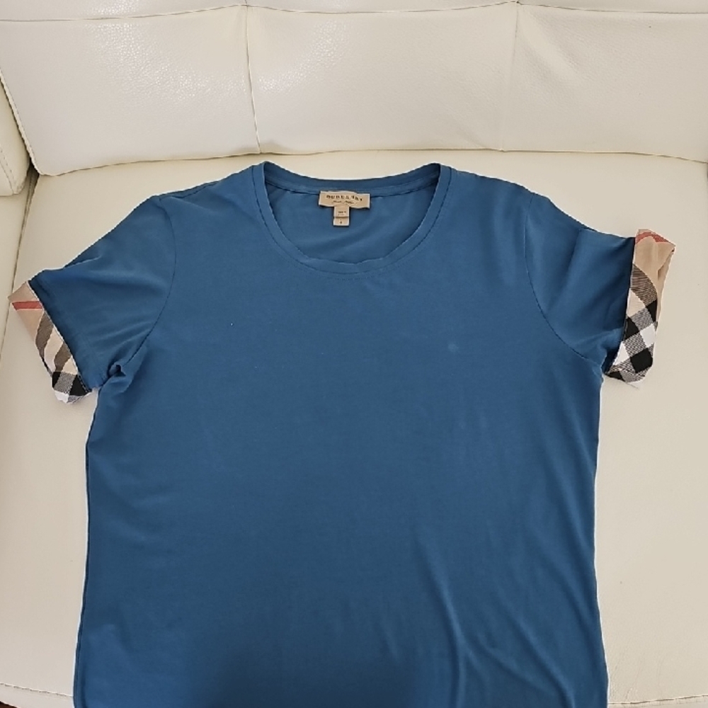 Women's Burberry Blue Tee with Plaid Sleeves
